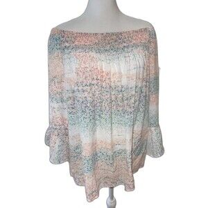 Zac & Rachel Pastel Boho Crinkle Blouse Off Shoulder Bell Sleeve Smocked Neck 1X